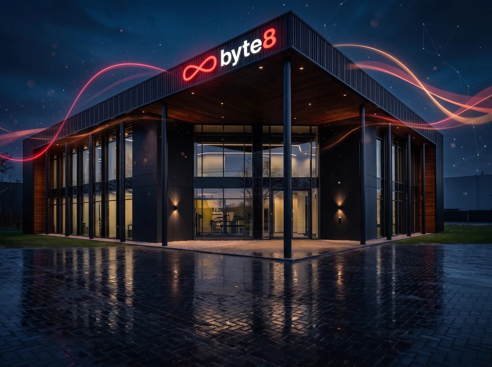 The byte8 office at Bedrijvenpark Twente 295 in Almelo at night